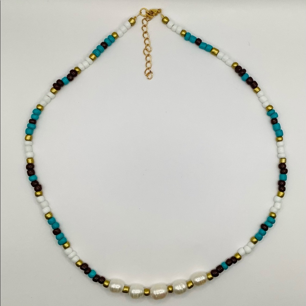 ❤️NEW Necklace Bohemian Fresh Water Pearls Turquoise Brown White Gold Tone
